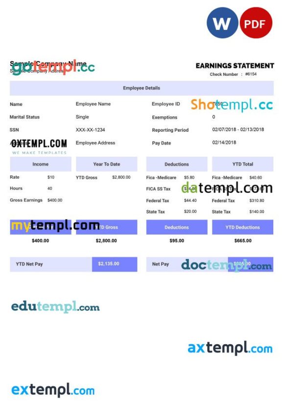 EARNINGS statement example Word and PDF format, version 2