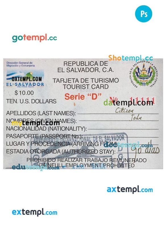 Salvadoran tourist card PSD example, with fonts