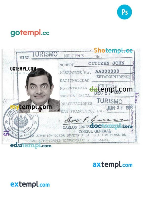 Salvadoran travel visa PSD example, fully editable