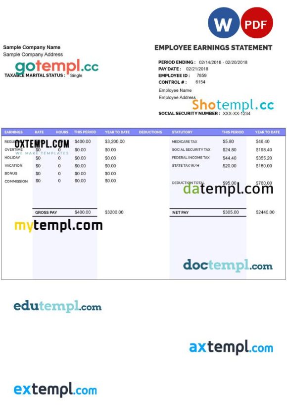 EMPLOYEE earnings statement example Word and PDF format version 8