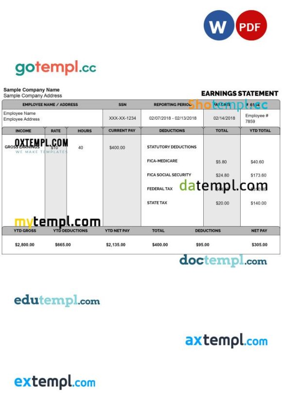 EMPLOYEE gross earnings statement example in Word and PDF format