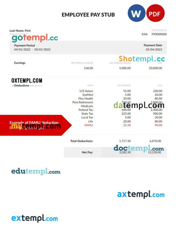 Employee pay stub Word and PDF example, version 4