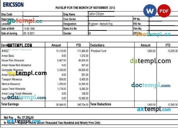 ERICSSON networking and telecommunications company paystub example in Word and PDF formats