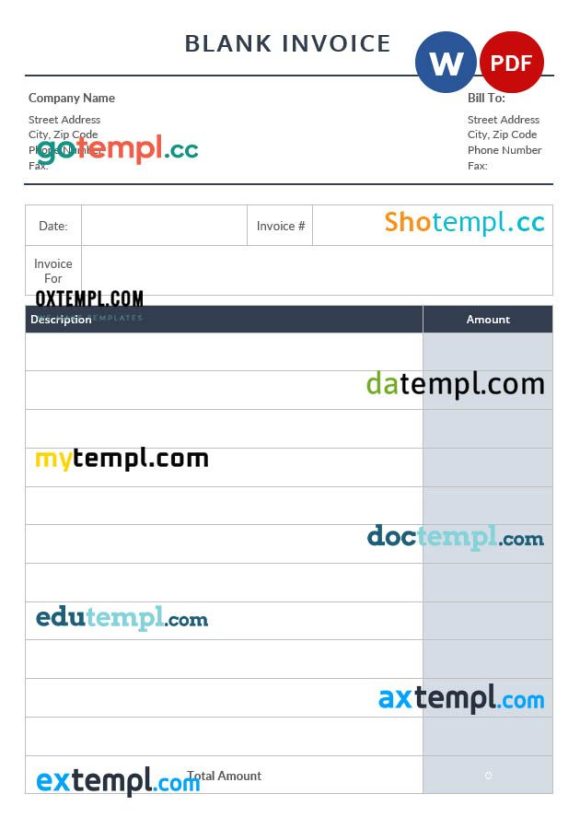 Editable Blank Invoice example in word and pdf format
