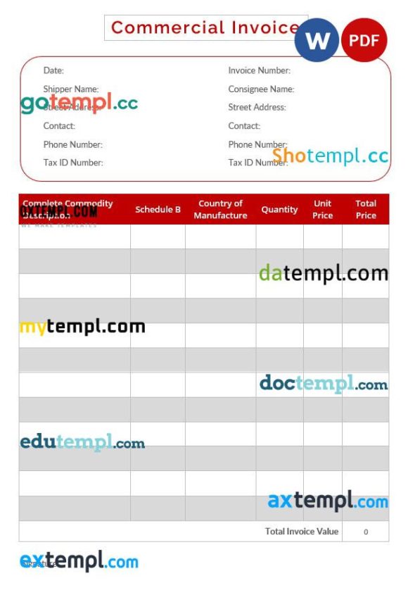 Editable Commercial Invoice example in word and pdf format