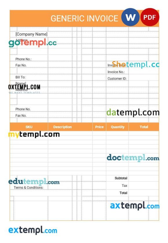 Editable Generic Invoice example in word and pdf format