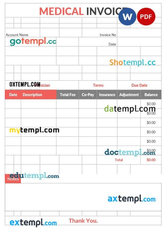 Editable Medical Invoice example in word and pdf format