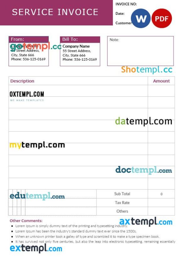 Editable Service Invoice example in word and pdf format