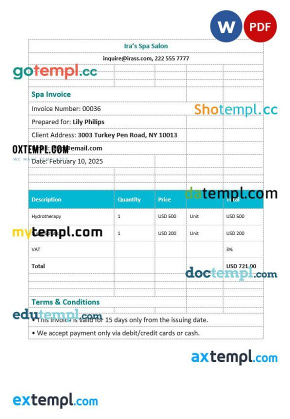 Editable Spa Invoice example in word and pdf format