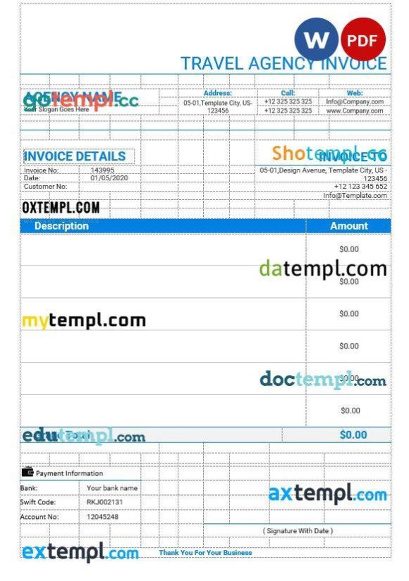 Editable Travel Agency Invoice example in word and pdf format
