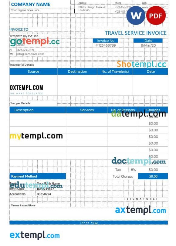 Editable Travel Service Invoice example in word and pdf format