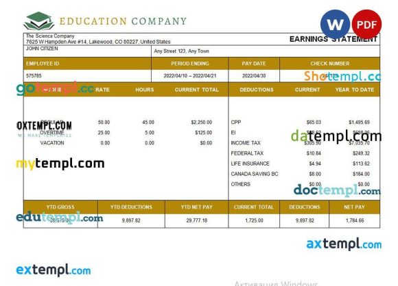Education company fully editable payslip example in Word and PDF formats