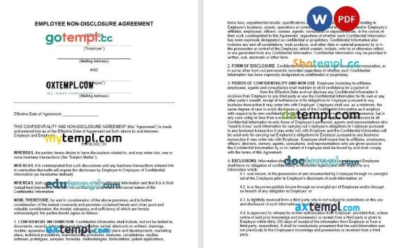 Employee Non Disclosure Agreement NDA Word example, fully editable