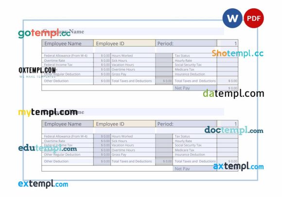 Employee pay stub example in PDF and Word formats, version 3