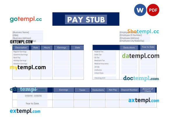 Employee pay stub example in PDF and Word formats, version 6