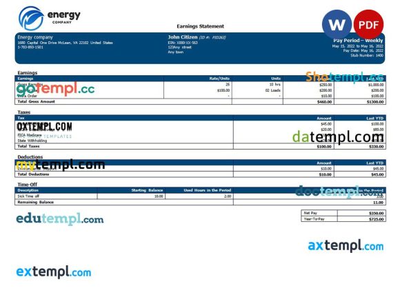 Energy company editable payroll example in Word and PDF formats