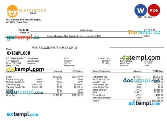 Engineering company payslip example in Word and PDF formats