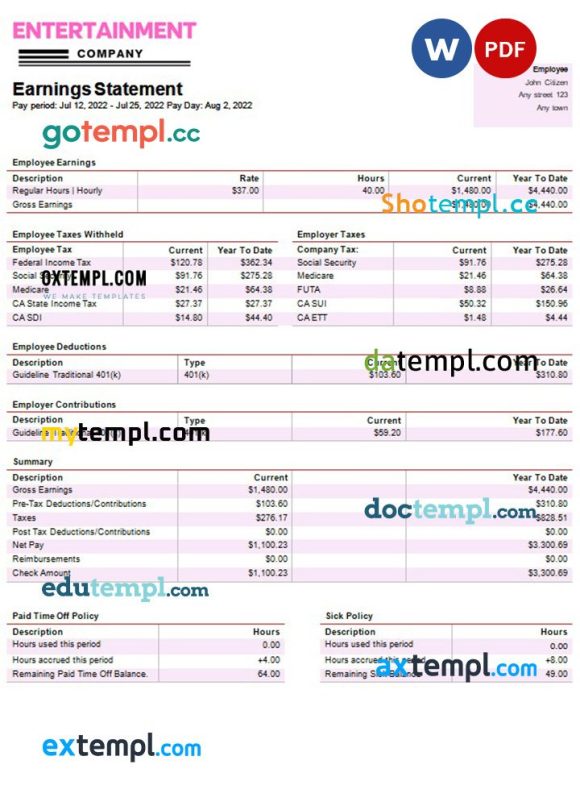 Entertainment company paystub example in Word and PDF formats