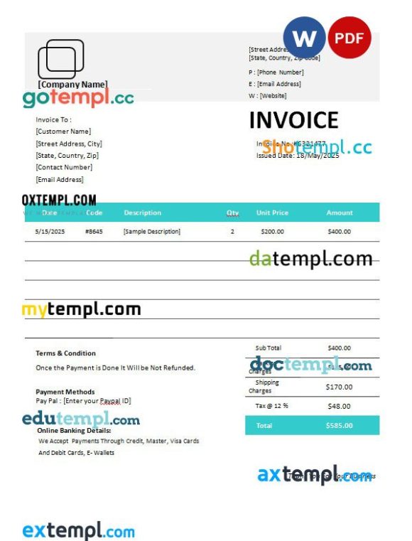 Equipment Invoice example in word and pdf format
