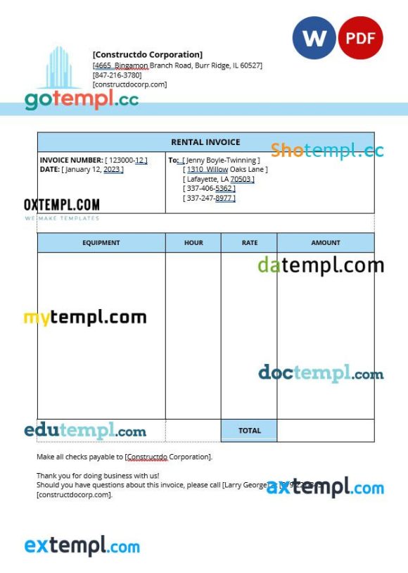 Equipment Rental Invoice example in word and pdf format