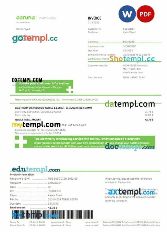 Finland Caruna utility bill Word and PDF template, 3 pages
