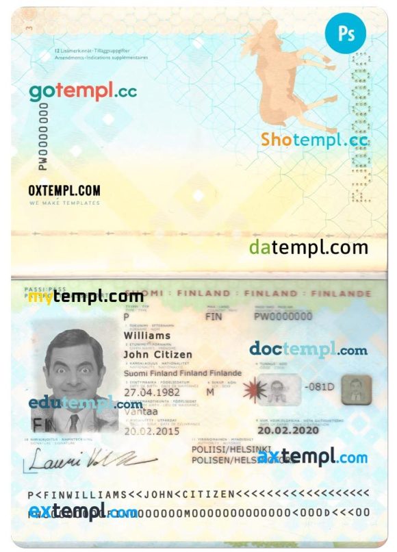 Finnish passport example in PSD format, 2012 - 2017