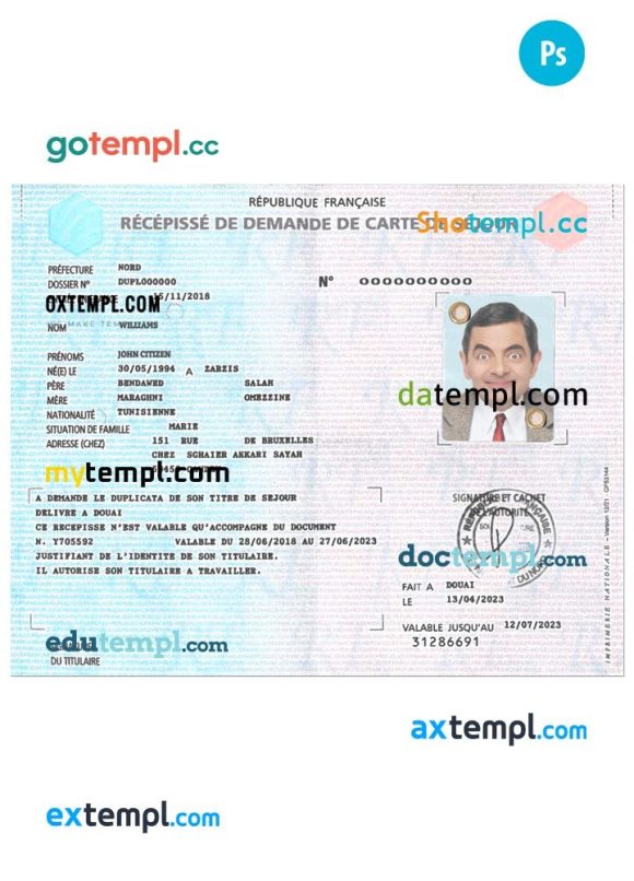 French residence card application receipt PSD example, with fonts