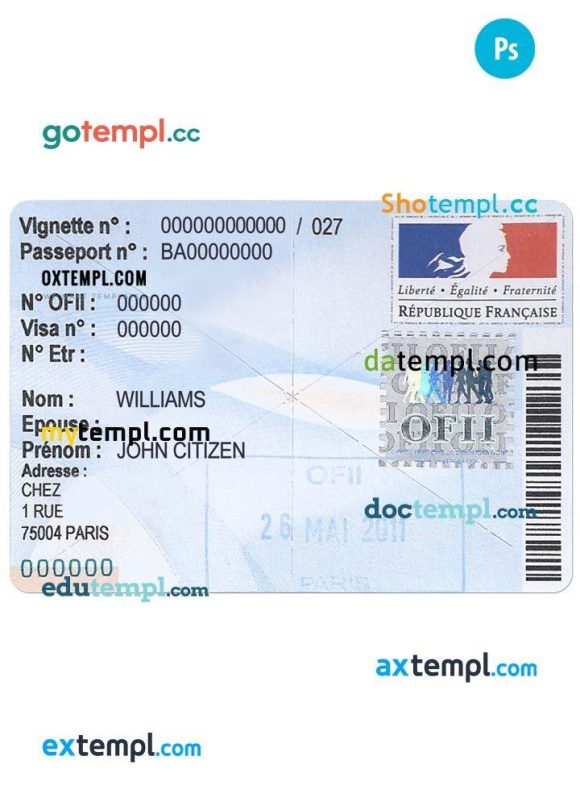 French residency OFII visa stamp example in PSD format, with fonts