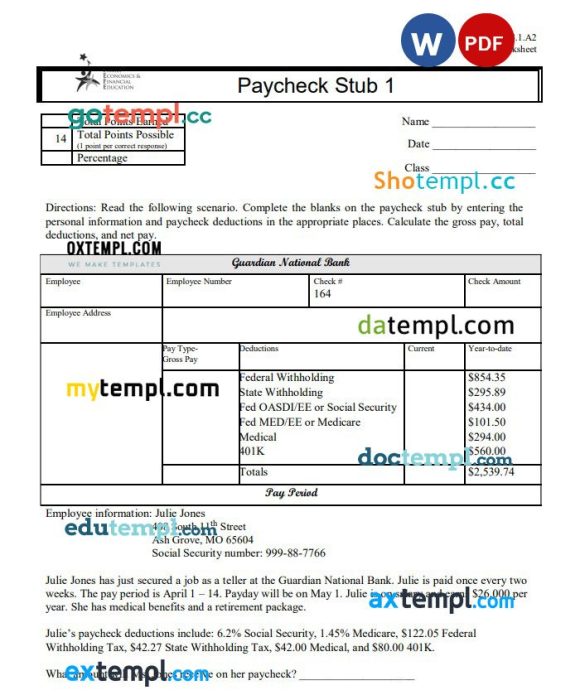 Family Economics & Financial Education paycheck stub Word and PDF example
