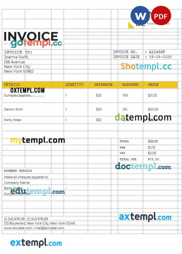 Fashion Designer Invoice example in word and pdf format