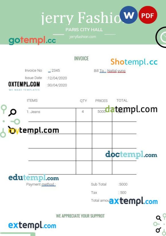 Fashion Store Invoice example in word and pdf format