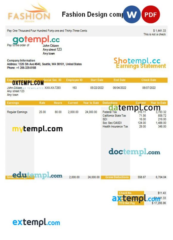 Fashion design company payslip example in Word and PDF formats
