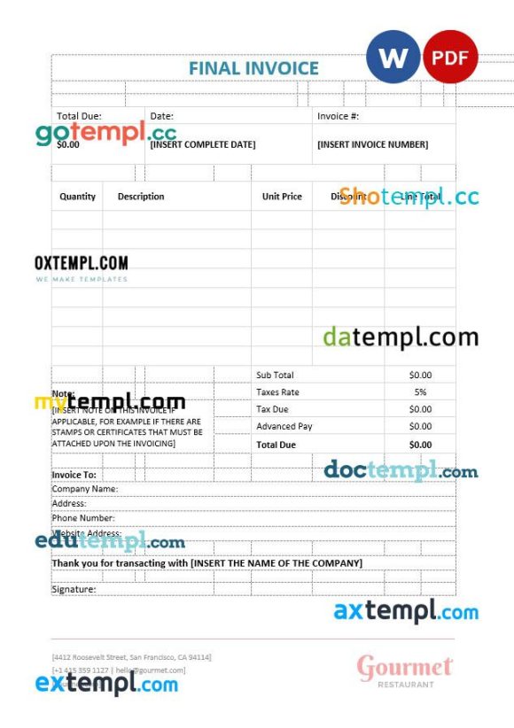 Final Invoice example in word and pdf format