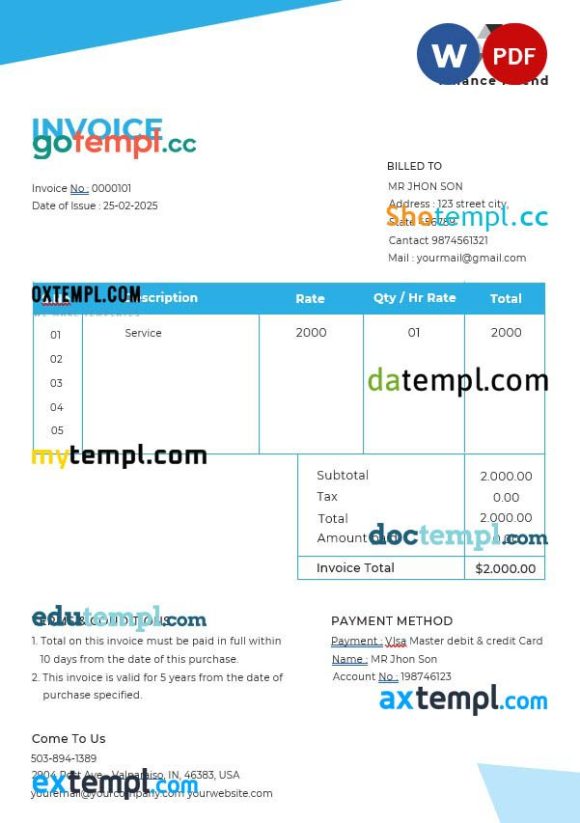 Finance Consultant Invoice example in word and pdf format