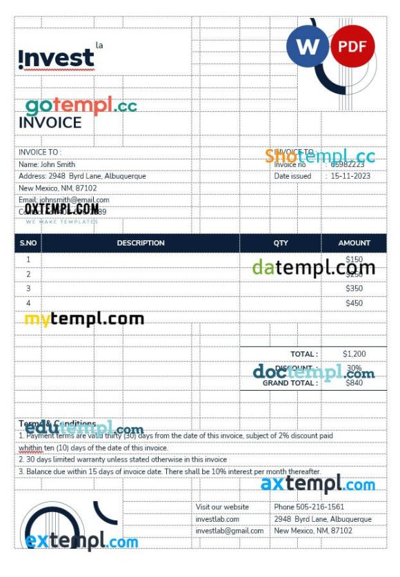 Financial advisor Invoice example in word and pdf format