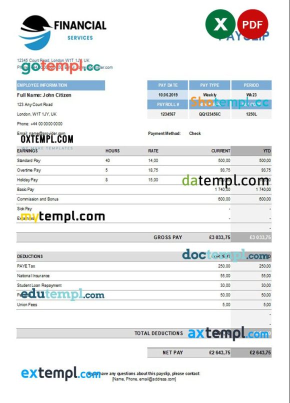 Financial services payslip example in Excel and PDF formats