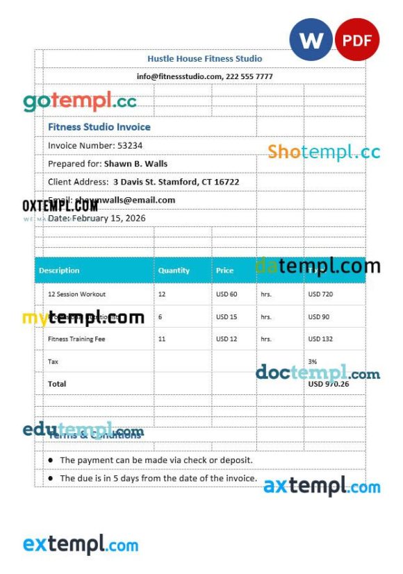 Fitness Studio Invoice example in word and pdf format