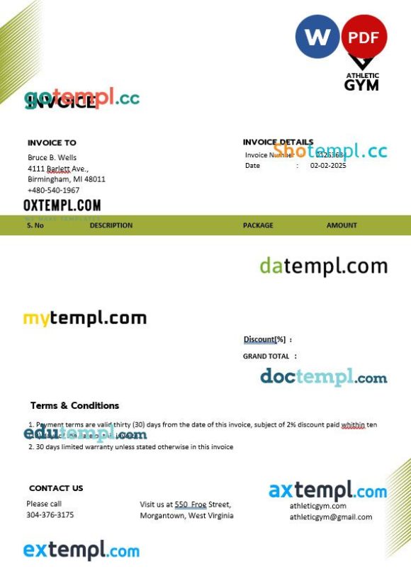 Fitness Trainer Coach Invoice example in word and pdf format
