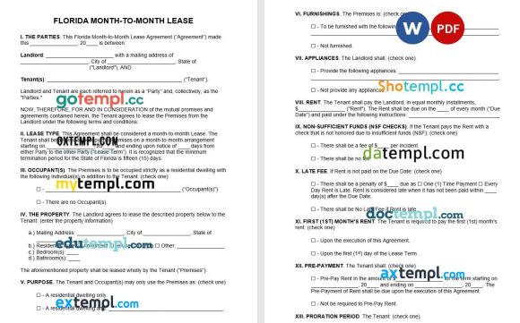 Florida Month to Month Rental Agreement example, fully aditable