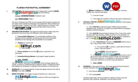 Florida Postnuptial Agreement Word example, completely editable