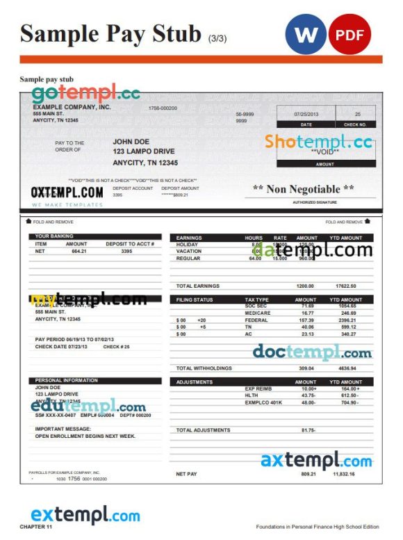 Foundations in Personal Finance High School pay stub Word and PDF example