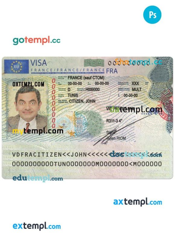 French Schengen Visa example in PSD format, 2018 - present