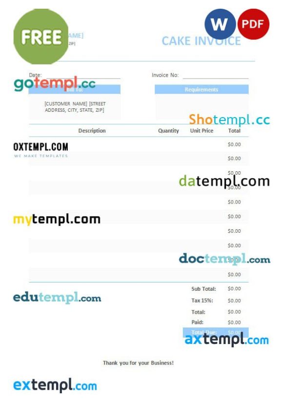 free download Free Cake Invoice example in word and pdf format