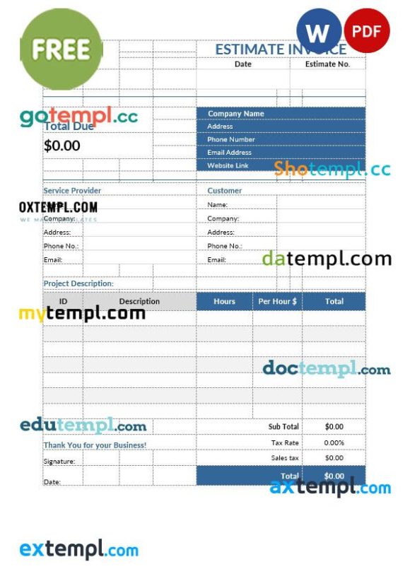 free download Free Estimate Invoice example in word and pdf format