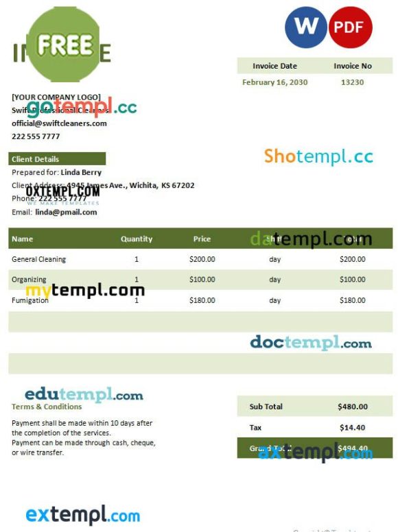 free download Free Invoice Template for Cleaning Service example in word and pdf format