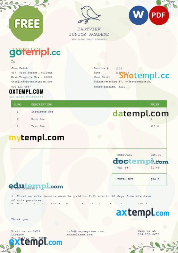 free download Free Kindergarten Invoice example in word and pdf format