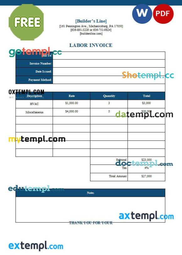 free download Free Labor Invoice example in word and pdf format