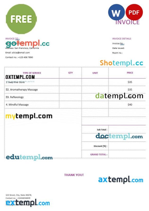 free download Free Massage Invoice example in word and pdf format