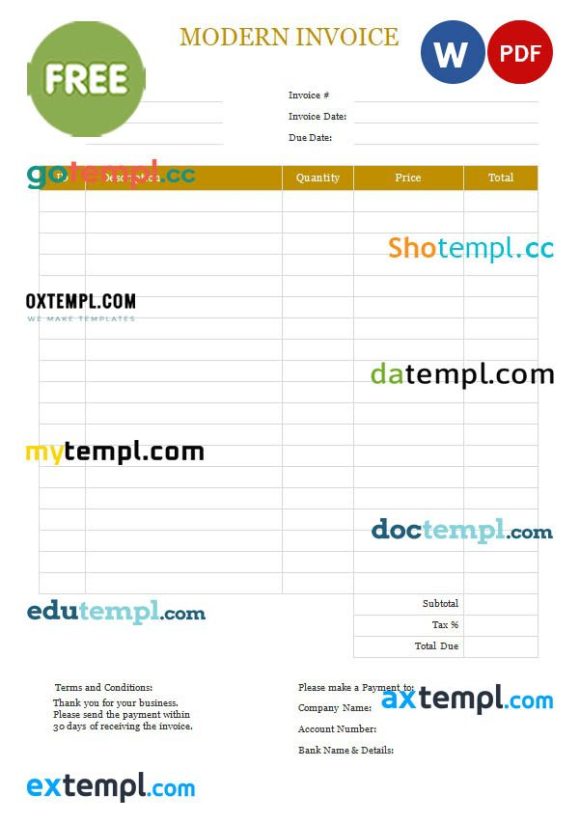 free download Free Modern Invoice example in word and pdf format