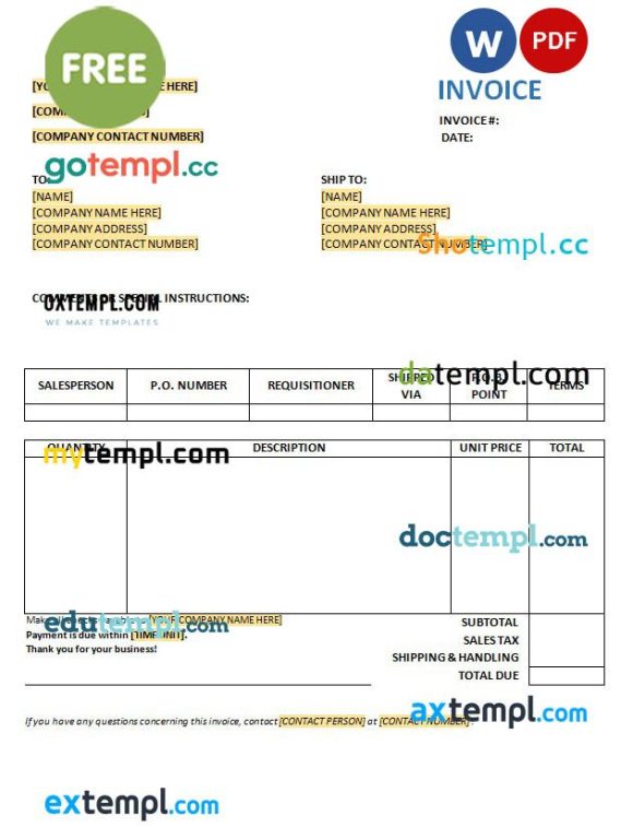 free download Free Purchase Invoice example in word and pdf format